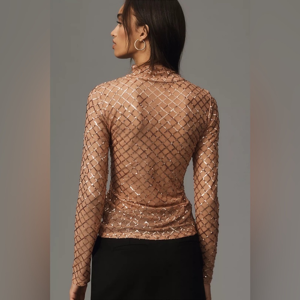 NWT Anthropologie Pilcro Sheer Turtleneck Sequin Long Sleeve Top Light Sand - Picture 3 of 12